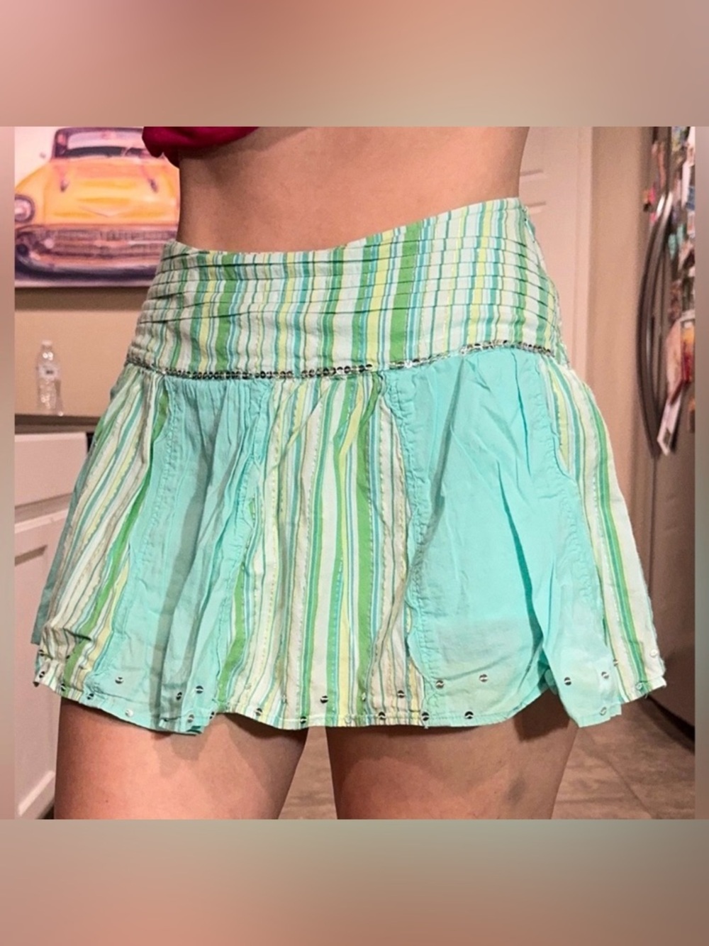 Vintage Y2K Teal Blue Green Sequin Pleated Mini Skirt Skort XS 12